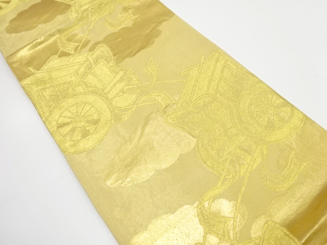 JAPANESE KIMONO / ANTIQUE FUKURO OBI / SILK / WOVEN CARRIAGE & CLOUD